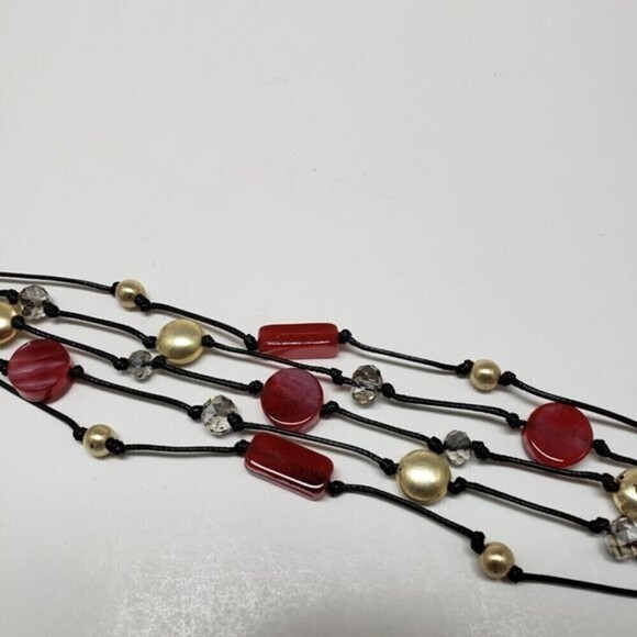 Women's Layered Black cord, Gold tone, Red & Clear Beads Bracelet, magnetic lock - Picture 9 of 10
